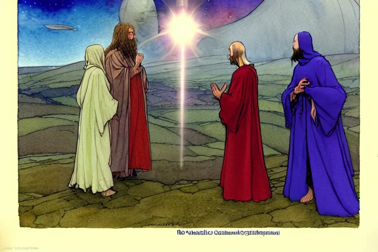 Prompt: a realistic and atmospheric watercolour fantasy character concept art portrait of a three christians wearing robes greeting an alien. they are emerging from the mist on the moors of ireland at night. a ufo is in the background. by rebecca guay, michael kaluta, charles vess and jean moebius giraud