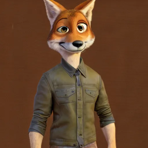 Image similar to portrait, 3 d render, anthropomorphic coyote male, wearing along brown leather jacket, in the style of zootopia