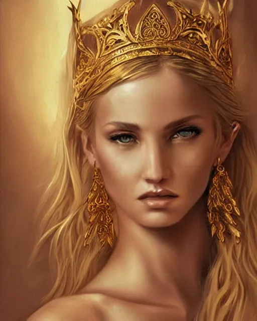 Image similar to tattoo design sketch of hot blonde super model as aphrodite greek goddess wearing a gold laurel wreath and triangle earrings, beautiful piercing gaze with sharp pupils, in the style of greg rutkowski, fantasy, amazing detail, epic, elegant, smooth, sharp focus, front view