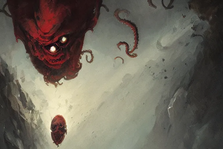 Image similar to painting by greg rutkowski of a flying chalk white head and face, with tentacles coming of the neck, red eyes, flying in a terrying hell like cavernous place