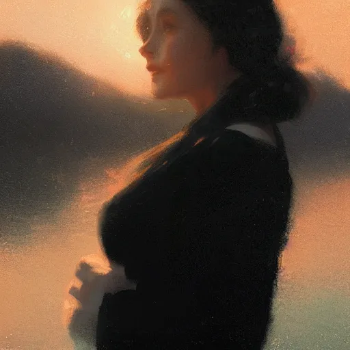 Image similar to a closeup portrait of a young vivian leigh, lake background, gorgeous view, sunset, film noir, serene, depth, by greg rutkowski, digital art, trending on artstation