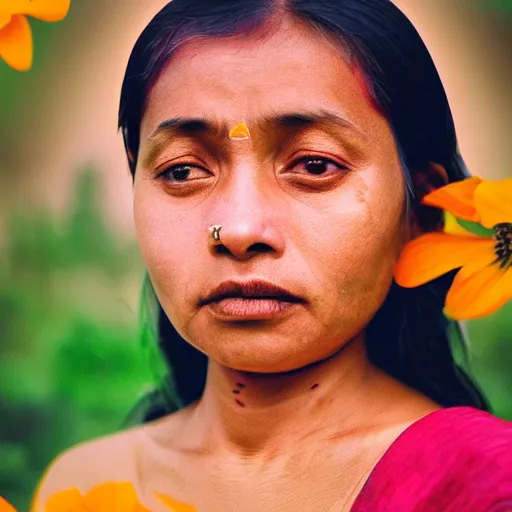 Prompt: realistic expired fuji film portrait of assamese lady mix, marigold celestial vibe, hyperrealism, hypermaxiymalism, photorealistic, detailed, atmospheric, 8 k, award winning photography, cinematic