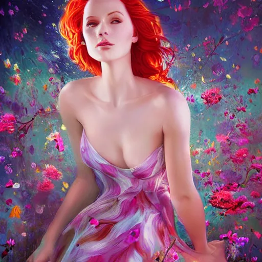 Image similar to Triss Merigold in a swirling sundress of flowers, underwater, floral explosion, radiant light, vortex of plum petals, by WLOP, Tristan Eaton and artgerm, artstation, deviantart