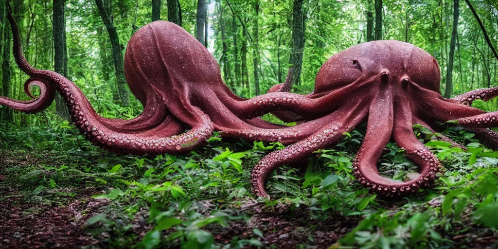 Prompt: a huge octopus in the middle of a forest, beautiful ambient light, 8k photography