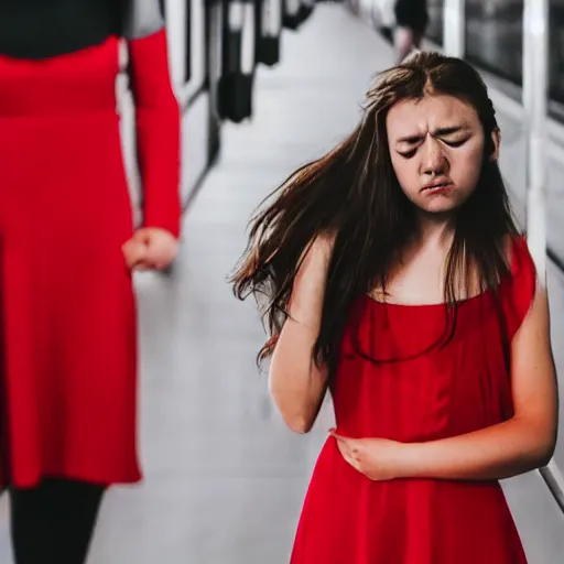 Prompt: girl in red dress standing on the train platform crying