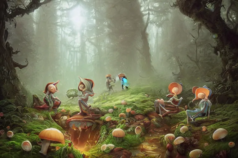 Prompt: detailed painting of elfs in the moosy forest clearing drinking mushroom nectar, in the style of peter mohrbacher, james jean, artgerm, dramatic lighting and composition, surreal background, octane render, pixar, trending on artstation, concept art, comic book, 8 k