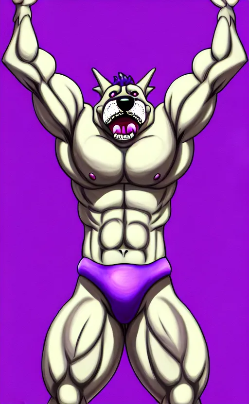 Image similar to painting of an anthropomorphic bulky muscular purple dog, furry style, wearing jeans, deviant art, fursona, professional furry drawing, insanely detailed, bulky husky dragon like face, doing a pose from jojo's bizarre adventure, detailed veiny muscles, exaggerated features, beautiful shading, huge white teeth, grinning, colorful background