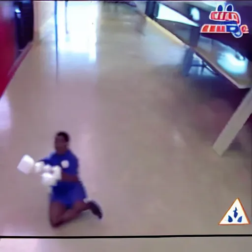 Image similar to security camera footage of a sports mascot pouring a carton of milk on the floor