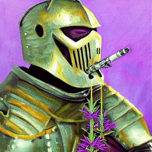 Prompt: a high detailed oil painting of a full armored knight smoking a joint in a field of purple cannabis plants