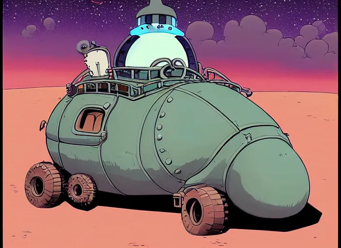 Prompt: a cell shaded cartoon of a lovecraftian mechanized snail from howl's moving castle ( 2 0 0 4 ), on a desert road, in front of a pale full moon, full body, wide shot, very dull muted colors, studio ghibli, laurie greasley, highly detailed, deviantart, art by artgem