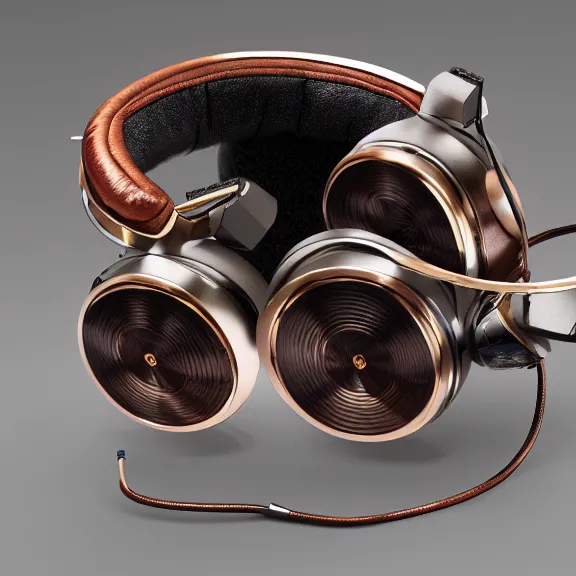 Image similar to masterpiece photo of beautiful crafted bismuth metal headphones, bismuth rainbow metal, bismuth cups, leather padding, displayed on mahogany desk, modernist headphones, bismuth headphones beautiful well designed, hyperrealistic, audiophile, intricate hyper detail, extreme high quality, photographic, meze audio, sennheiser, hifiman, artstation