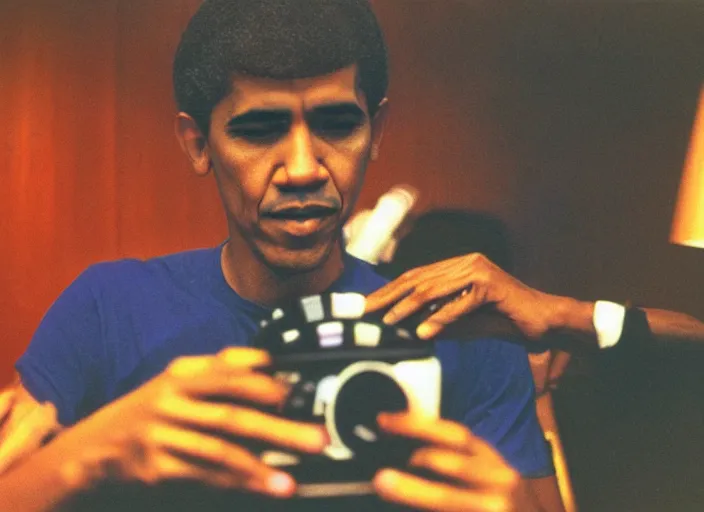 Prompt: color film photography 1970s, Barack Obama playing Super Smash Bros. Melee on Gamecube , 35mm, film photo, shot by nan goldin