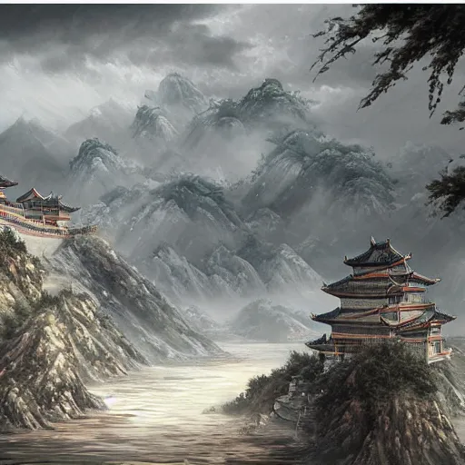 Image similar to dynamic composition, motion, ultra-detailed, incredibly detailed, a lot of details, amazing fine details and brush strokes, colorful and grayish palette, smooth, HD semirealistic anime CG concept art digital painting, watercolor oil painting of epic castle gate, from Three Kingdoms, by a Chinese artist at ArtStation, by Huang Guangjian, Fenghua Zhong, Ruan Jia, Xin Jin and Wei Chang. Realistic artwork of a Chinese videogame, gradients, gentle an harmonic grayish colors.