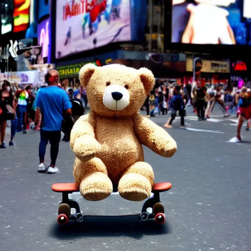 Image similar to a photo of a teddy bear on a skateboard in times square