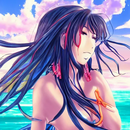 Image similar to anime style, vivid, expressive, full body, 4 k, painting, a cute magical woman with a long wavy black hair at beach, stunning, realistic light and shadow effects, centered, simple background, ikki tousen