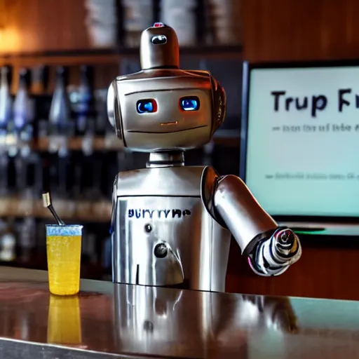 Prompt: a robot orders a drink from the TY puppy bartender.
