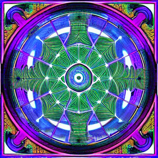 Image similar to dmt infinite landscape, geometric patterns, sacred geometry