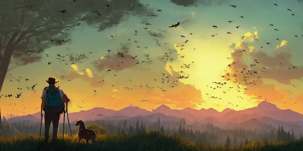 Image similar to A majestic landscape featuring a river, mountains and a forest. A group of birds is flying in the sky. There is an old man with a dog standing next to him. The man is wearing a backpack. They are both staring at the sunset. Cinematic, very beautiful, painting in the style of firewatch