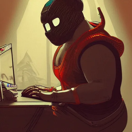 Prompt: an insanely detailed painting of a chubby asian man wearing a homemade superhero costume and mask, sitting at a computer desk typing on the keyboard, in the style of peter mohrbacher, dramatic lighting and composition, trending on artstation, concept art, comic book, graphic novel, back view