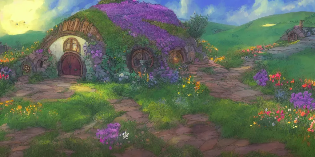 Image similar to a still of a background from howl's moving castle!!!!! of hobbiton, light bloom