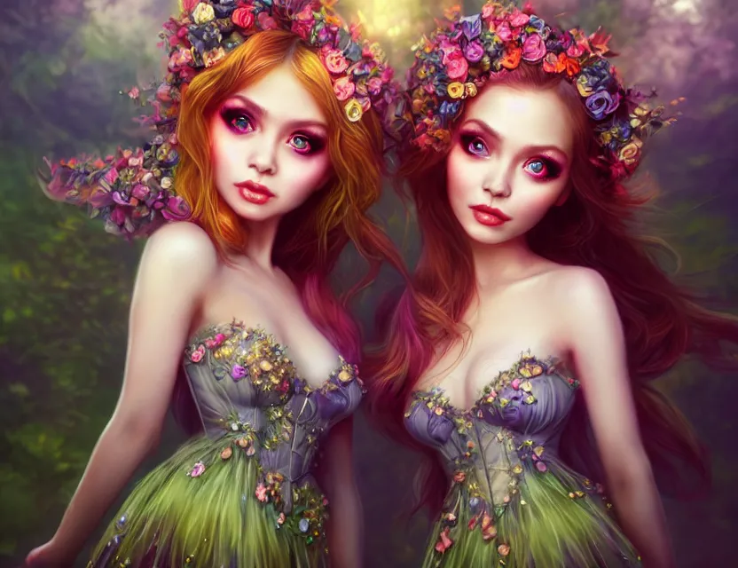 Image similar to two beautiful fashion girls wear fantasy dress in festival | | big eyes, sunny, dreamlike art, realistic shaded, smile, good looking, hyper details, 4 k realistic, cryengine, realistic shaded lighting poster by artgerm, ross tran, fuji choko, loish, 8 k resolution, trending on artstation, luxury