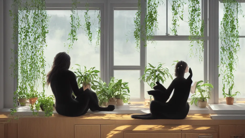 Prompt: peaceful dreamy painting of a beautiful young woman sitting with her black cat, detailed face, sunshine coming through the window, small plants on the window sill, 8k, hyper realism, trending on artstation, octane render, dynamic lighting