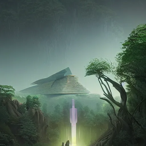 Image similar to futuristic temple between green hills with big trees, monks, shooting stars, dramatic lighting, artstation, matte painting, raphael lacoste, simon stalenhag, frank lloyd wright, zaha hadid