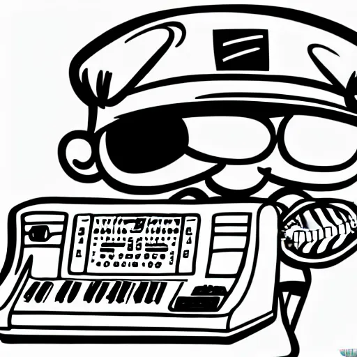 Image similar to cartoon line drawing illustration, in fine detail, of a kid wearing a baseball cap, playing a Korg MS-20 synthesizer, in the style of The Beano, sharpie, black and white, long shot, white background, graffiti marker, graffiti character, 90s cartoon,