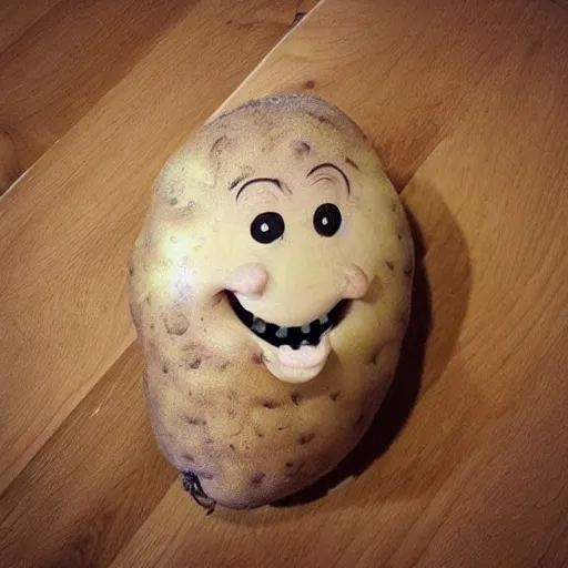 Prompt: a cute potato with a face laughing