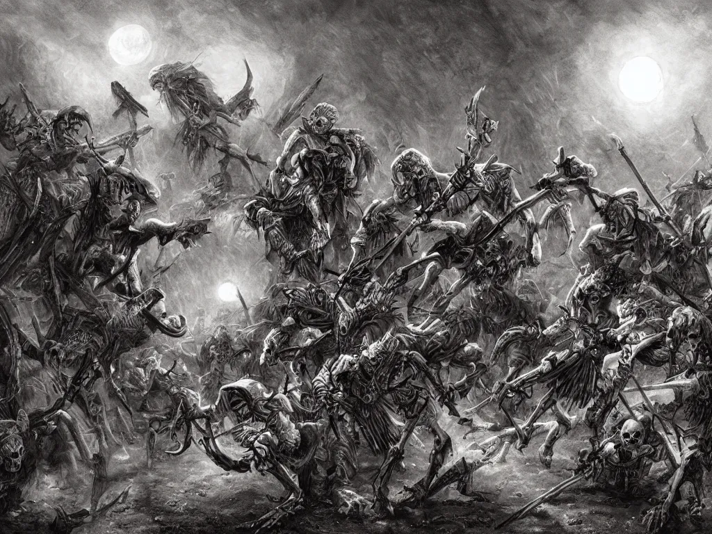 Prompt: dangerous skeletons attacking a village at night, dnd, dramatic, fantasy art