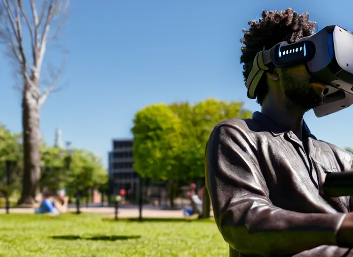 Image similar to photo still of a bronze statue of a man gaming in vr in a park on a bright sunny day, 8 k 8 5 mm f 1 6