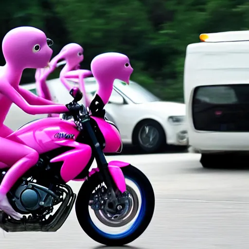 Prompt: humanoid pink female Squid creatures riding a motorcycle fast