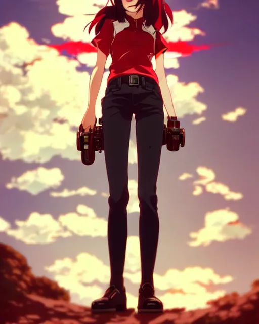 Image similar to makoto shinkai, artgerm, ilya kuvshinov, steampunk beautiful anime woman, red shirt brown pants, black and red hair hair, symmetrical face, symmetrical eyes, full round face, short smile, detailed, summer setting, cinematic lighting