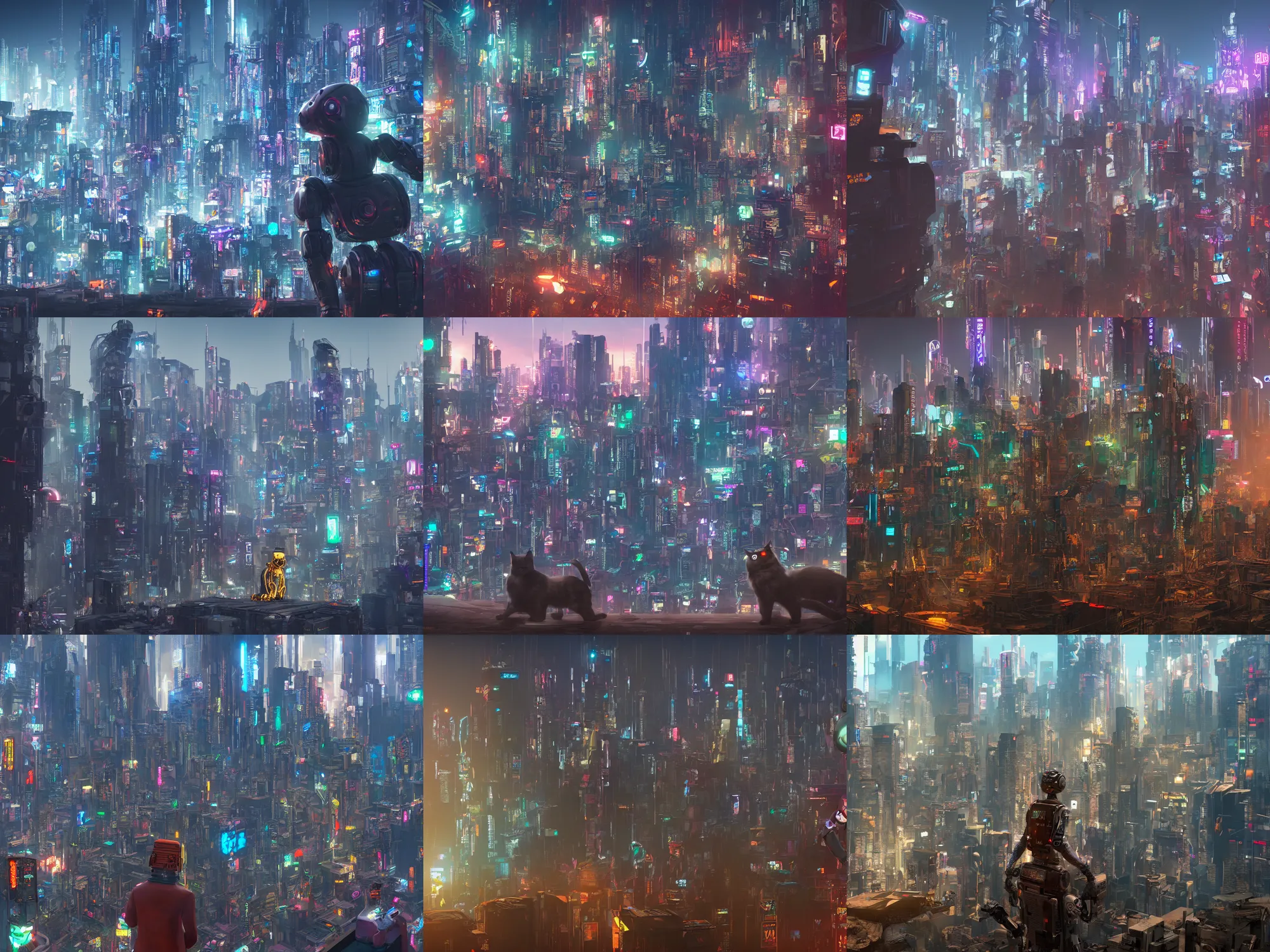 Prompt: Robot cat god looks out over a cyberpunk city. 8k resolution.