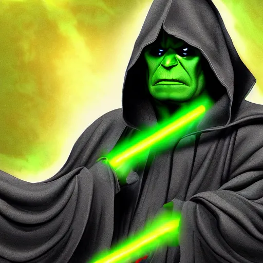 Image similar to sith hulk with dark robe and yellow glowing eyes, green lightning, digital art