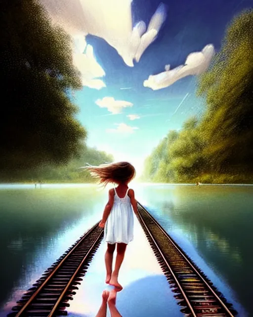 Image similar to a barefoot girl carries her shoes on a lake of reflective water and faintly visible submerged train tracks, water covers everything, large white clouds on a wide horizon, intricate, elegant, highly detailed, digital photo, artstation, concept art, smooth, sharp focus, low angle photo, art by artgerm and greg rutkowski and fra angelico