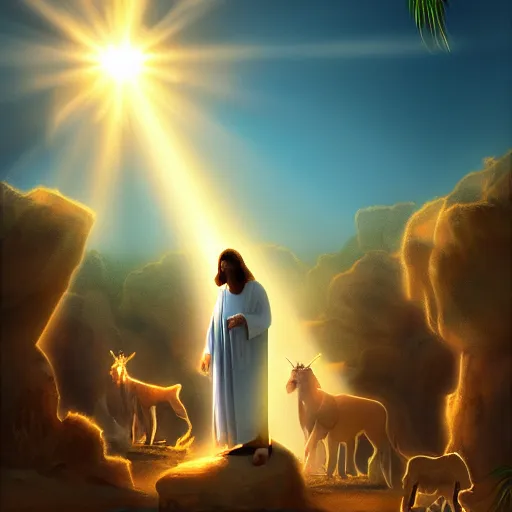 Prompt: jesus under the sun bringing light to earth, sun as bitcoin, glorious, heroic, dramatic, volumetric lighting, digital painting, ultra sharp, extreme details