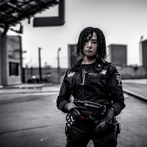 Image similar to Candid extreme wide shot of a poor techwear mixed woman with short hair and tattoos outside of a futuristic Los Angeles on fire, a police MRAP on fire, cyberpunk, 4k, extreme long shot, desaturated, full shot, action shot, motion blur, depth of field, sigma 85mm f/1.4, high resolution, 4k, 8k, hd, full color, award winning photography, war photography