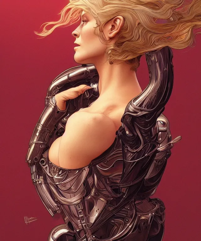 Image similar to Supermodel woman turning into an Android portrait, dark surrealism , scifi, intricate, elegant, highly detailed, digital painting, artstation, concept art, smooth, sharp focus, illustration, art by artgerm and moebius and alphonse mucha