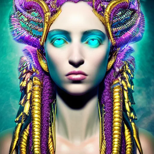 Image similar to unreal engine, octane render, 8 k, sandro botticelli portrait of egyptian sumerian goddess princess intergalactica, nautical siren, lady of elche, queen of heaven, techno mystic goddess, with aqua neon dreadlocks, teal eyebrows encrusted with diamonds, wearing iris van herpen haute couture, star - gate of futurisma,