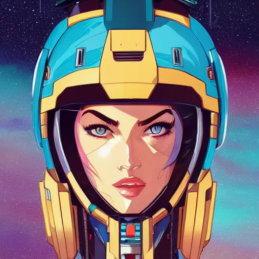 Prompt: portrait of beautiful megan fox gundam pilot, with an intricate, detailed, urban inspired hiphop afro futuristic helmet, vector behance hd jesper ejsing, rhads, makoto shinkai, lois van baarle, ilya kuvshinov, rossdraws, hd, 3 2 k, ilya kuvshinov, gustav klimt