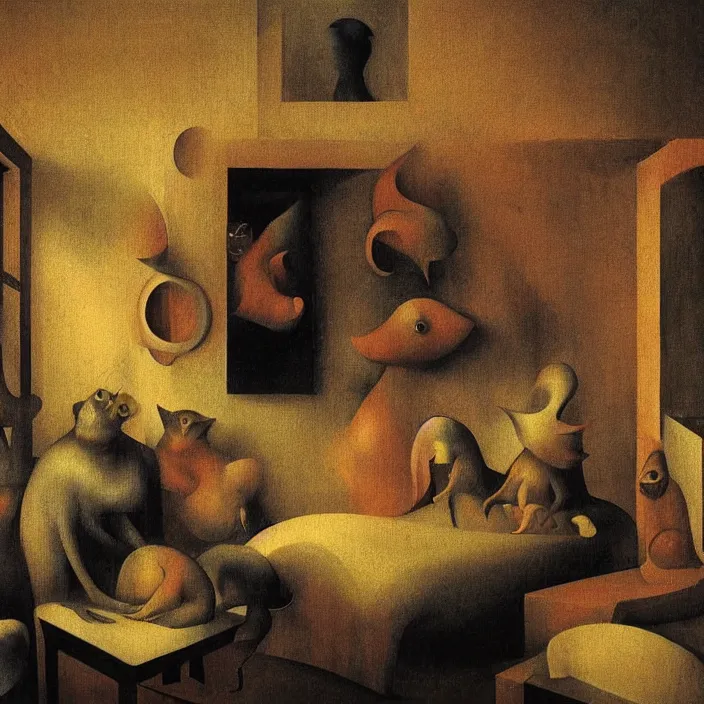 Image similar to group of creatures with distinct personalities, in an urban hotel room, close - up of the faces : : surreal architecture, chiaroscuro lighting, mysterious atmosphere : : oil painting by leonora carrington, hieronymus bosch and edward hopper, ultra - detailed technical precision : : matte painting, high definition, octane render, unreal engine, 8 k
