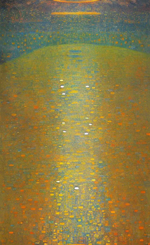 Prompt: textless paperback book cover by klimt. pure colors, melting clouds, accurately drawn details, a sunburst above a receding road with the light reflected in furrows and ruts, after rain. cinematic. trending on artstation. textless.