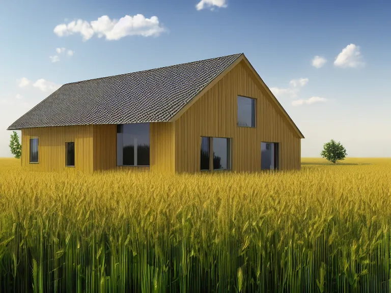 Prompt: hyperrealism concept art design of beautiful eco house in small ukrainian village, wheat field behind the house