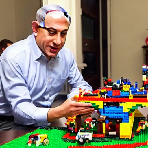 Prompt: benjamin netanyahu playing with legos