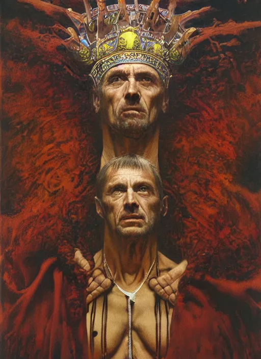 Prompt: upper body and head portrait of dennis hopper dorian yates hybrid as god wearing robes and a crown, by lawrence alma tadema and zdzislaw beksinski and norman rockwell and jack kirby and tom lovell and greg staples