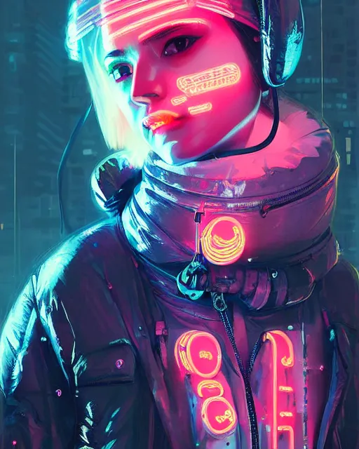 Image similar to detailed portrait Neon Operator Girl, cyberpunk futuristic neon, reflective puffy coat, decorated with traditional Japanese ornaments by Ismail inceoglu dragan bibin hans thoma greg rutkowski Alexandros Pyromallis Nekro Rene Maritte Illustrated, Perfect face, fine details, realistic shaded, fine-face, pretty face