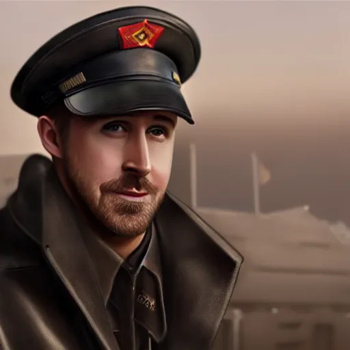 Prompt: fullbody of ryan gosling, wearing black leather coat and soviet russian peaked cap, round glasses, russian ww 1, russian summer thach houses at background, style ivan talavera and artgerm, radiant lighting, hyper realistic, photorealistic, octane render, trending on artstation, cgsociety, cinematic light, global illumination, high detailed face