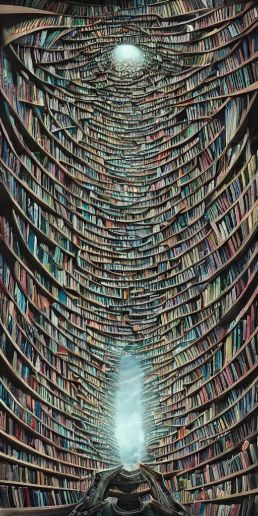 Image similar to a man standing in front of a surreal spiral book shelf filled with books, a storybook illustration by james paick, cgsociety, fantasy art, lovecraftian, academic art, mystical