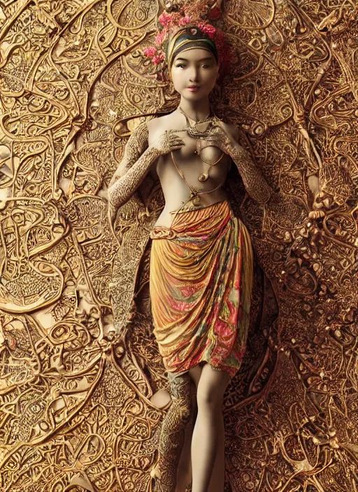 Image similar to a photo - real delicate sculpture of an ornate detailed oriental girl in front of a intricate background by aj fosik, micro detail, backlit lighting, octane renderer, colorful, physically based rendering, tribal art, trending on cgsociety